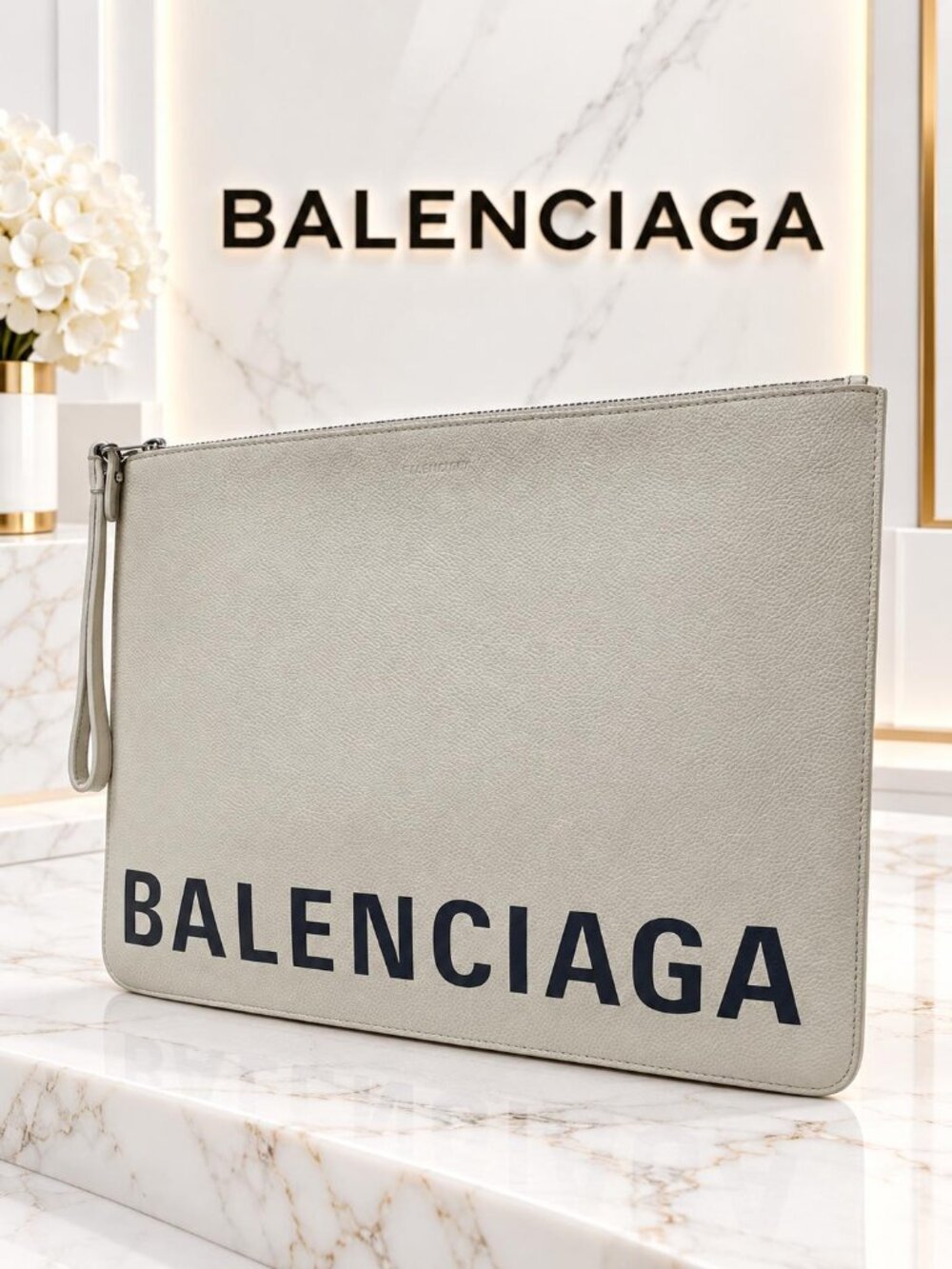 Authentic Balenciaga Logo Large Leather Zip Pouch Clutch Ivory Black Wristlet